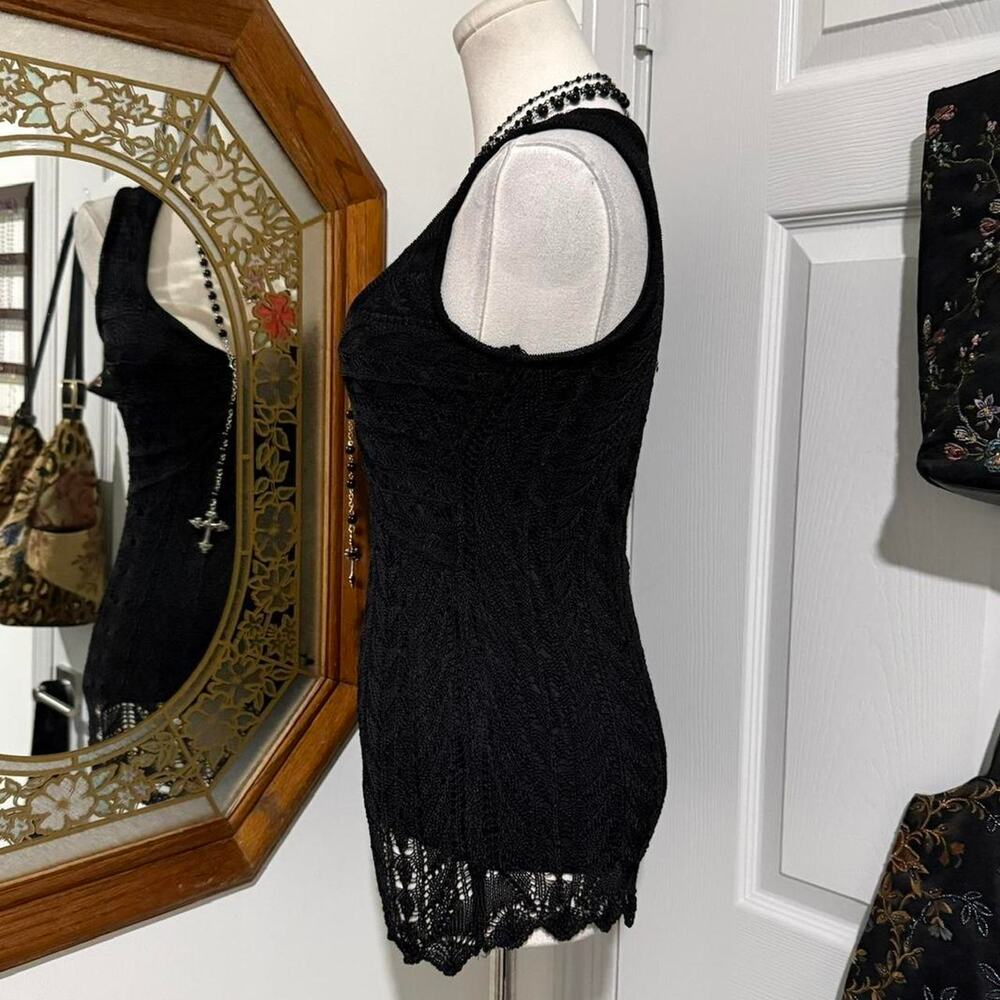 VTG Y2K Bette Sung Black Knit Crochet Overlay V Neck Form Fitting Fairy Top S - Picture 3 of 8